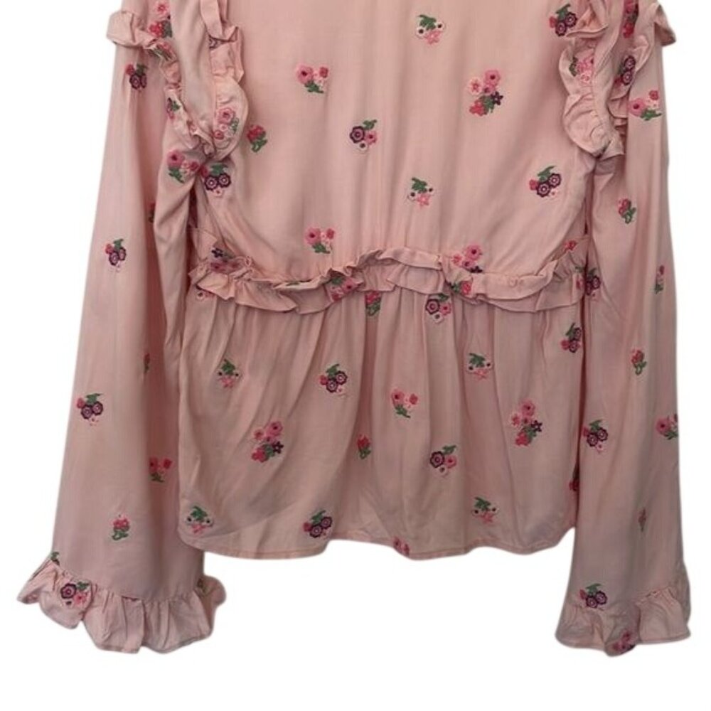 Tularosa | Floral Embroidered Plunging V Neck Button Down Bell Sleeve Top Small - Picture 8 of 9